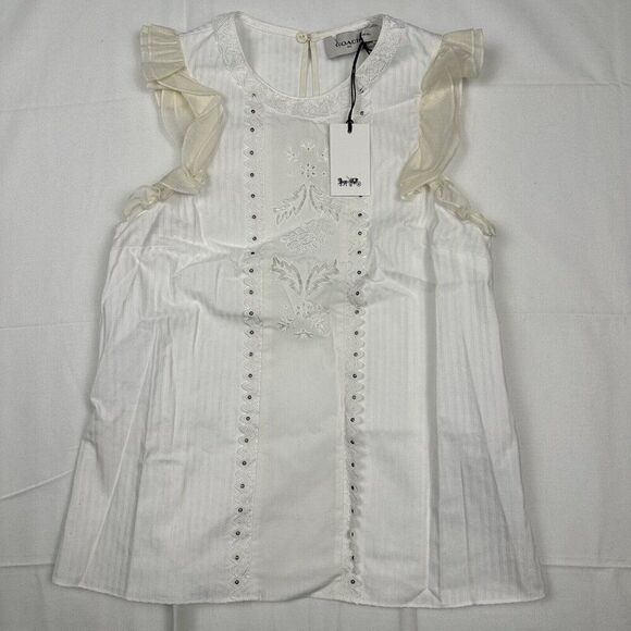 Coach Tops - NWT Coach Sleeveless Cotton‎ Silk Ruffle Top Size 4 Lace Eyelet Studded Feminine